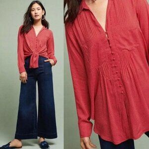 Anthropologie Maeve Matilda Pintuck Polka Dot Button Down Blouse L Red White